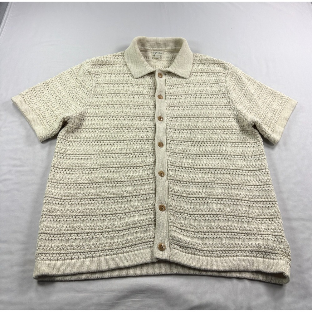 J Crew Polo Cardigan Sweater Mens Large Beige Open Stitch Stretch Short Sleeve